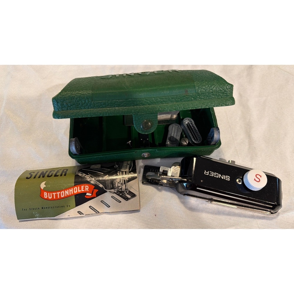 Vintage Singer Buttonholer Slant Shank Attachment Green Case Manual USA